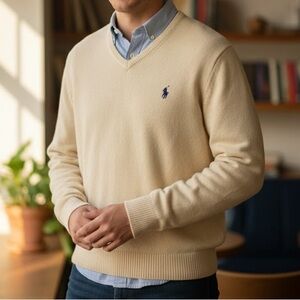 Polo Ralph Lauren Lambswool V-Neck Sweater in Cream